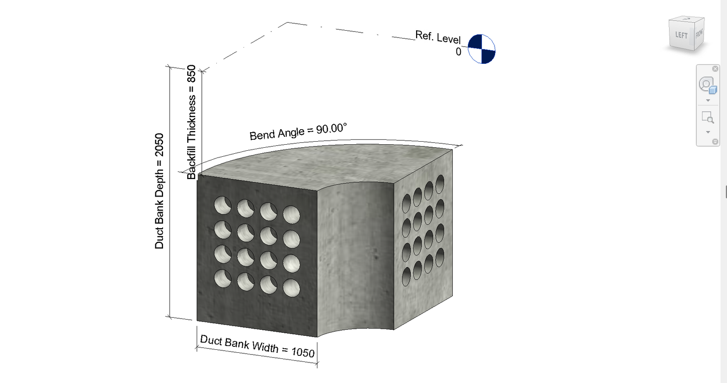 Duct Bank Bend with 90 degrees Bend Angle 4x4 3D View With Dimensions and Parameters | Revit Parametric Family Free Download 