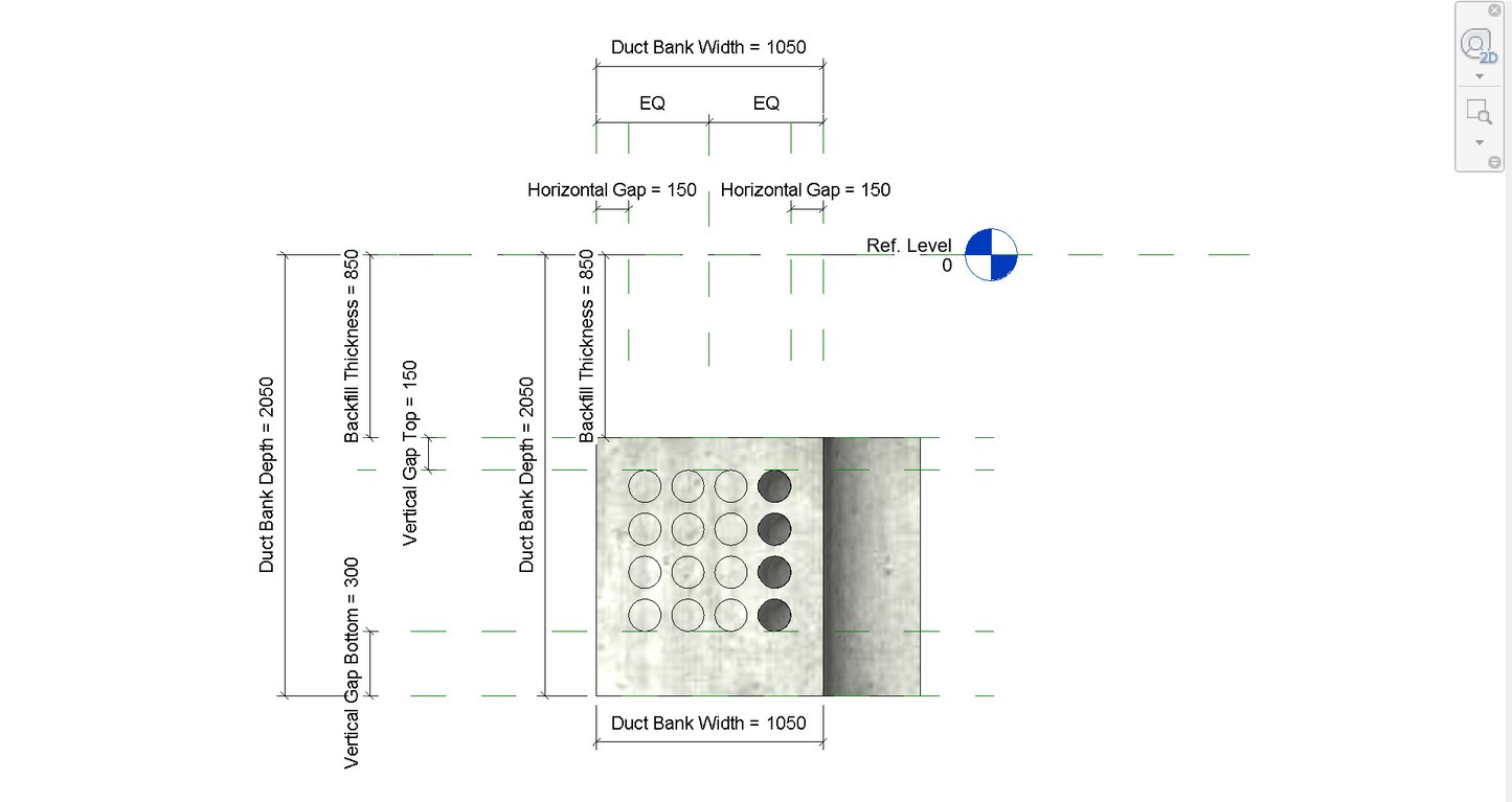 Duct Bank Bend with 90 degrees Bend Angle 4x4 Left View with Dimensions and Parameters | Revit Parametric Family Free Download 