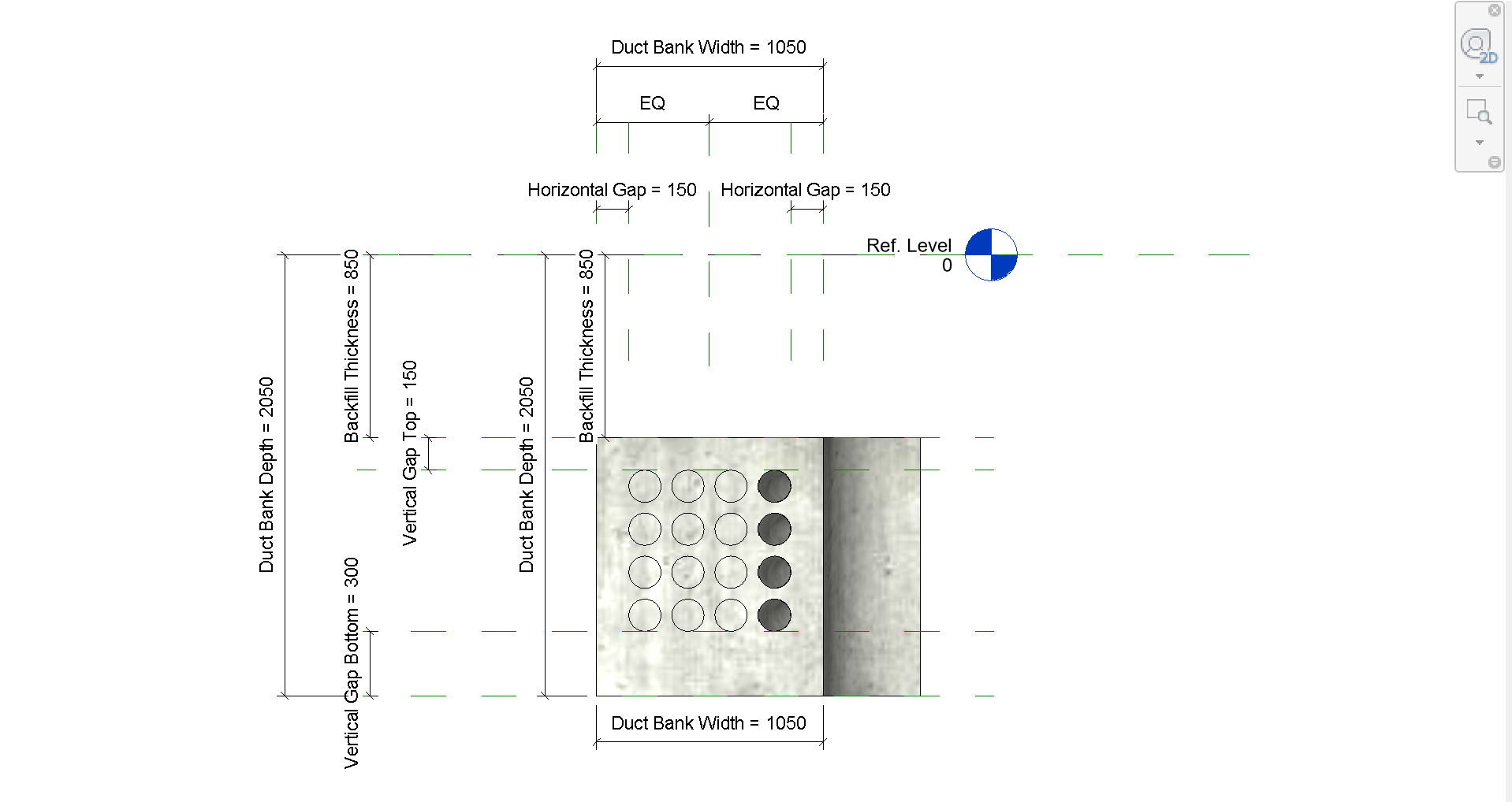 Duct Bank Bend with 90 degrees Bend Angle 4x4 Left View with Dimensions and Parameters | Revit Parametric Family Free Download 