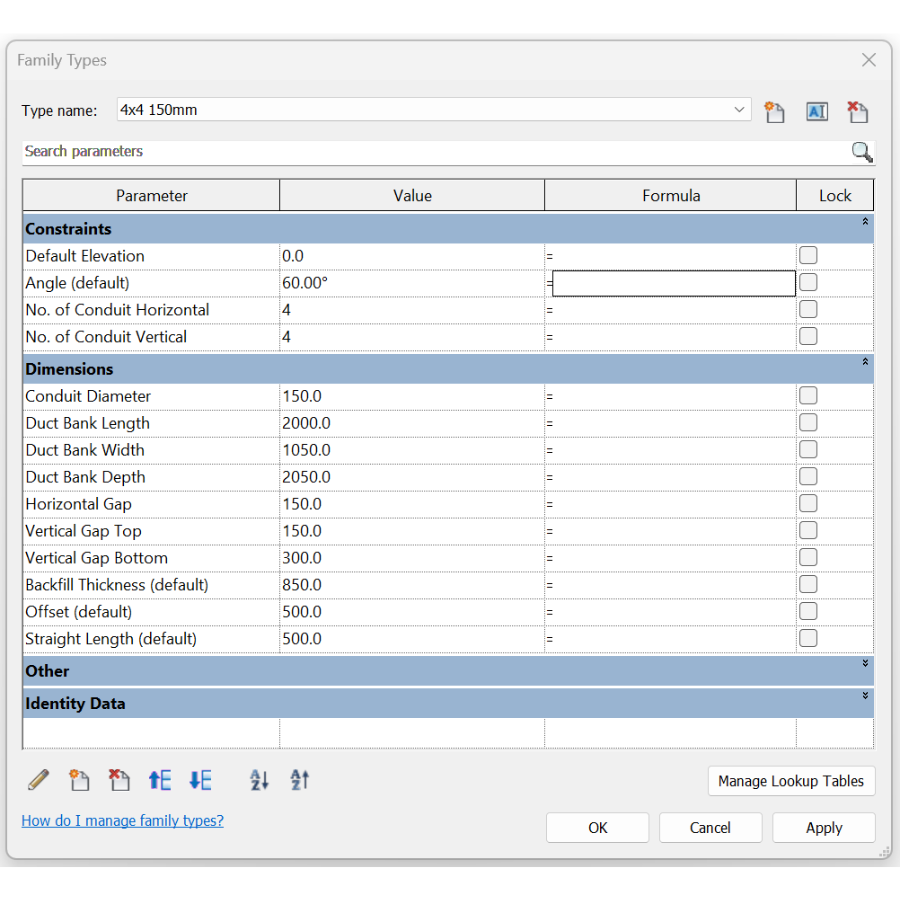 Duct Bank with 60 degrees Vertical Offset 4x4 Type Properties | Revit Family Free Download 